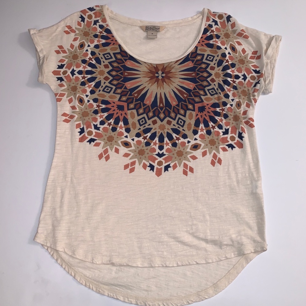 Lucky Brand High/Low Mosaic Print Burnout Scoop Neck Short Sleeve Top Med EUC